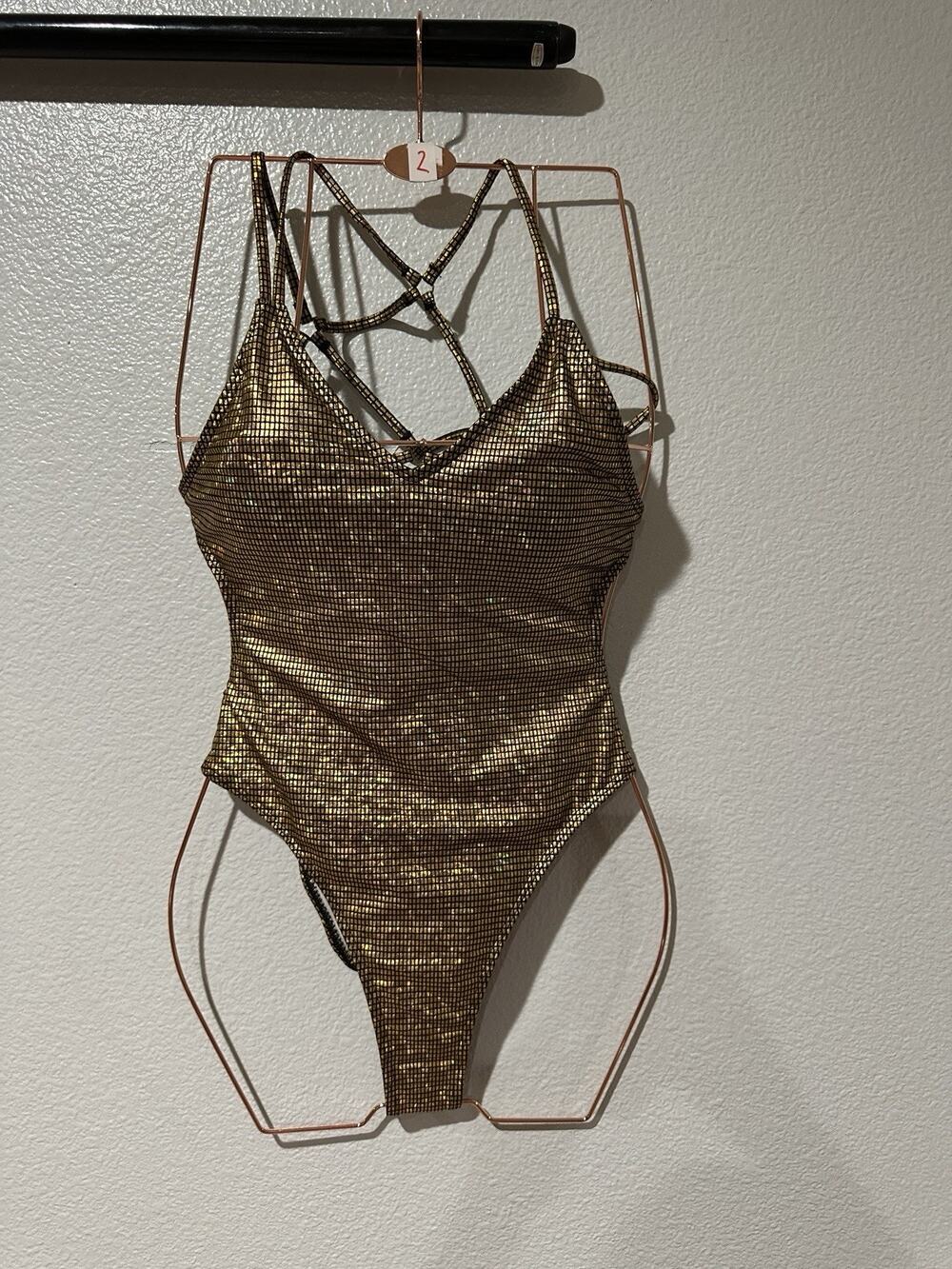Sexy Plaid V Neck Cross Back Women Swimwear One Piece Swimsuit Sz S